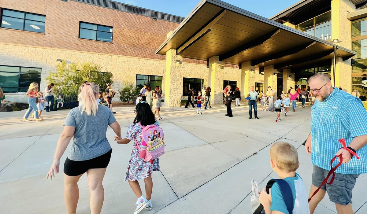 1st day of school - exterior with kids and parents